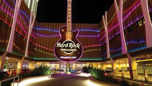 Hard Rock Front entrance with iconic Hard Rock guitar sign.