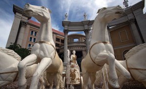 Horse and carriage Caesar Augustus sculpture with fountain feature at Caesars Atlantic City.