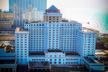 Resorts Casino Hotel aerial view with Atlantic Ocean in daytime.