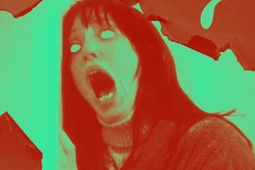 Scary scene from "The Shining" in red and green with woman screaming.