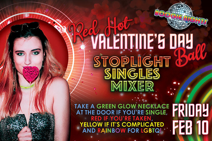 Boogie Nigths Red Hot Valentines Day Ball - Woman in sequence dress holding a red heart rose wne wearing green glow neckace.
