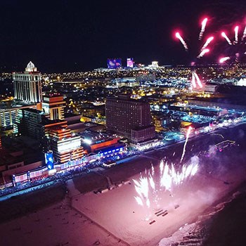 Fireworks blast off over the beach and Boardwalk at Tropicana Atlantic City.