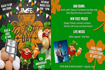 4th anniversary and St. Patrick's Day Party March 16 9 am - 10 PM Kegs + Eggs Eagles Tickets, Beach Home Rental.