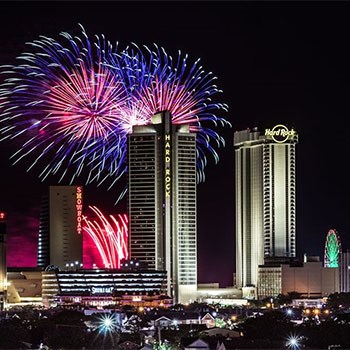 North Beach Fireworks Spectacular as seen over Showboat Hotel and Hard Rock Hotel & Casino.