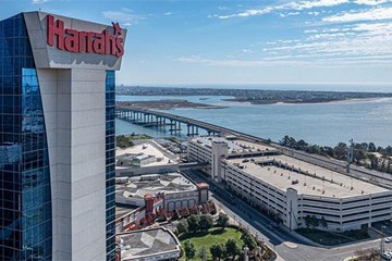Harrah's Resort Atlantic City Bay view with tower and bridge to Brigantine in view.