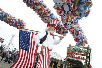 Beach Ball Drop with man in patriotic costume holding American flag at Resorts Casino Hotel and Landshark Bar and Grill.