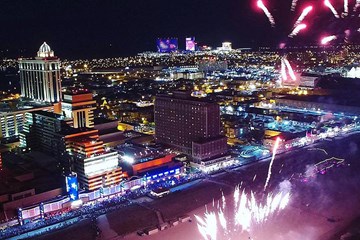 Tropicana weekly fireworks show as seen from this aerial view over the Boardwalk and city at night.